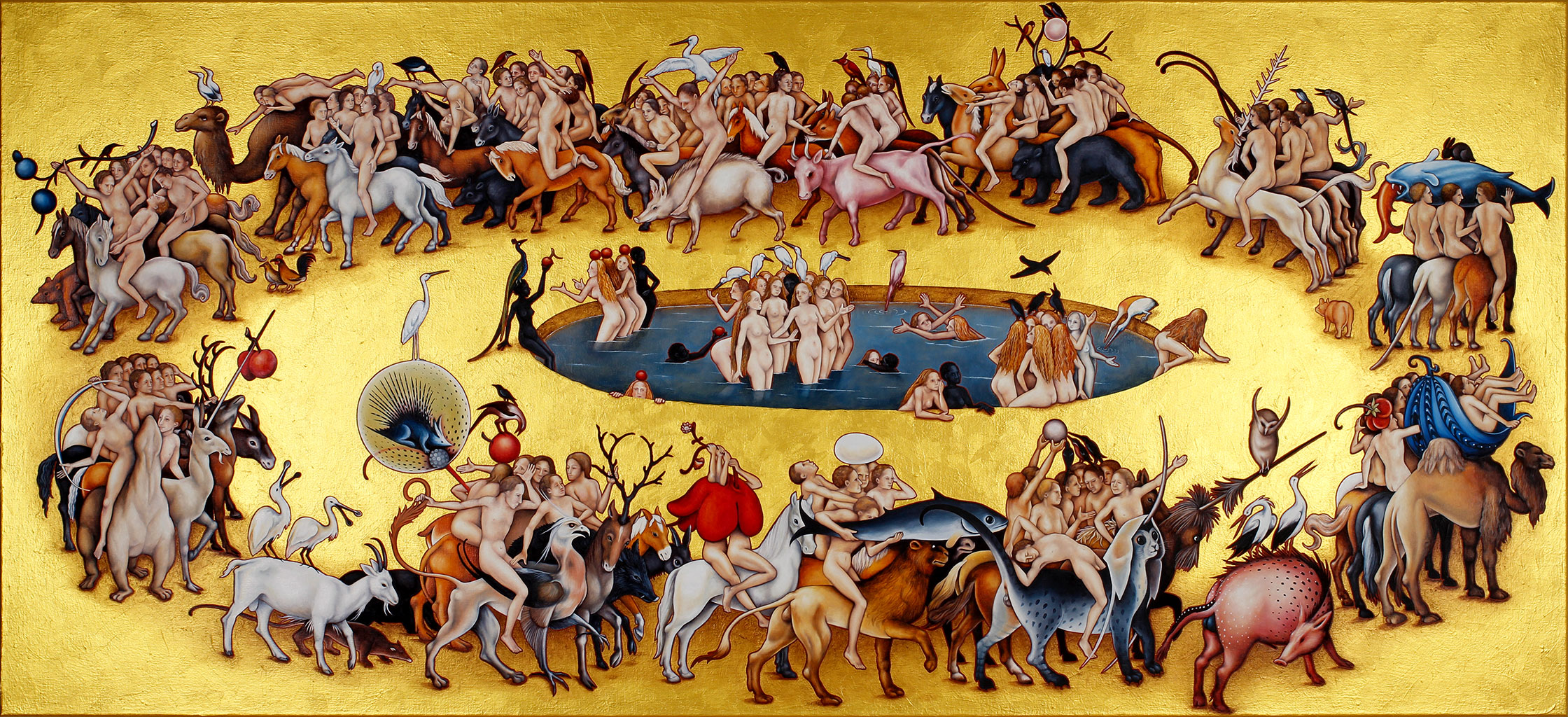 Annette von der Bey, naked men ride animals in a circle around a fountain with naked women
