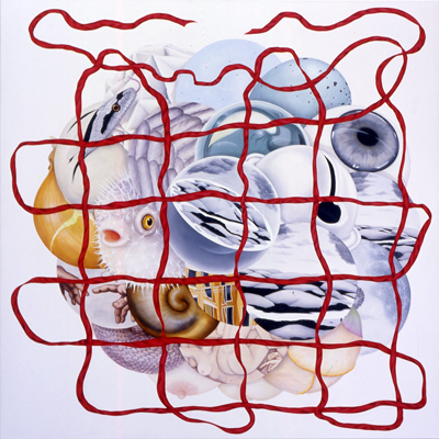 Annette von der Bey, sphere behind grid of ribbon