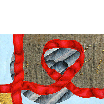 Annette von der Bey, rotes Band, embroidery, raw linen