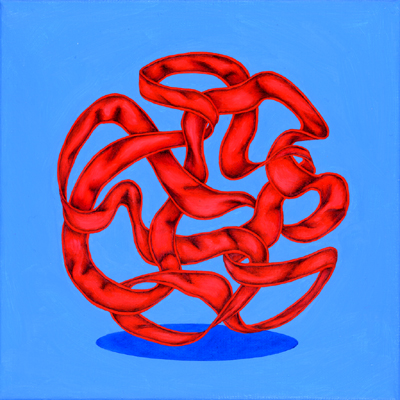 Annette von der Bey, rotes Bandgewirr auf Blau