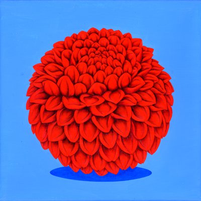Annette von der Bey, rote Dahlie auf Blau