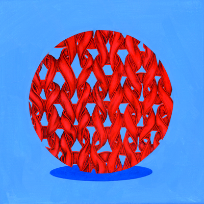 Annette von der Bey, gestricktes rotes Band auf Blau