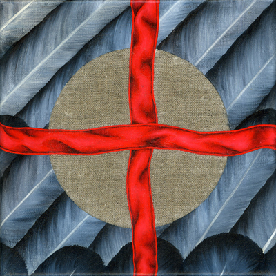 Annette von der Bey, Federn, rotes Bandkreuz, Leinwandrund