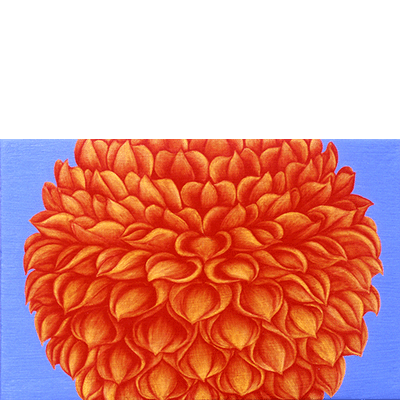 Annette von der Bey, orangene Dahlie auf Blau